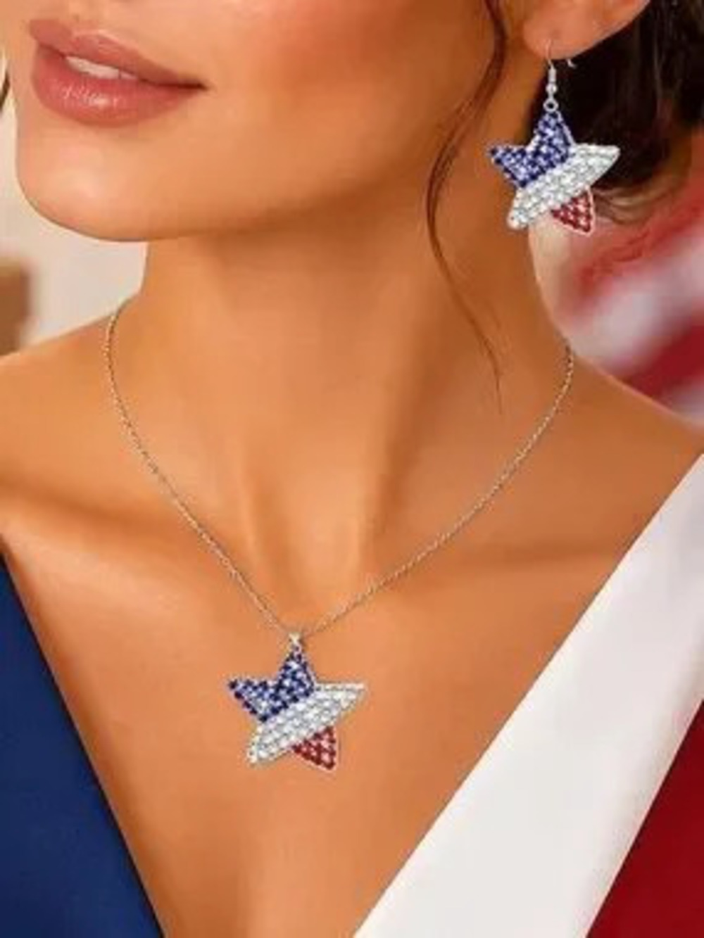 Anthropologie Silver-Star Pendant Necklace with Red, White & Blue Crystals